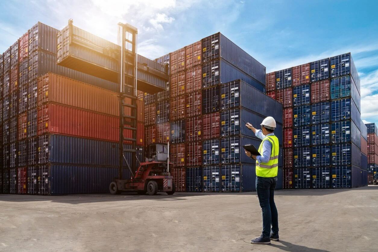 Logistics inspector pointing toward stacked shipping containers